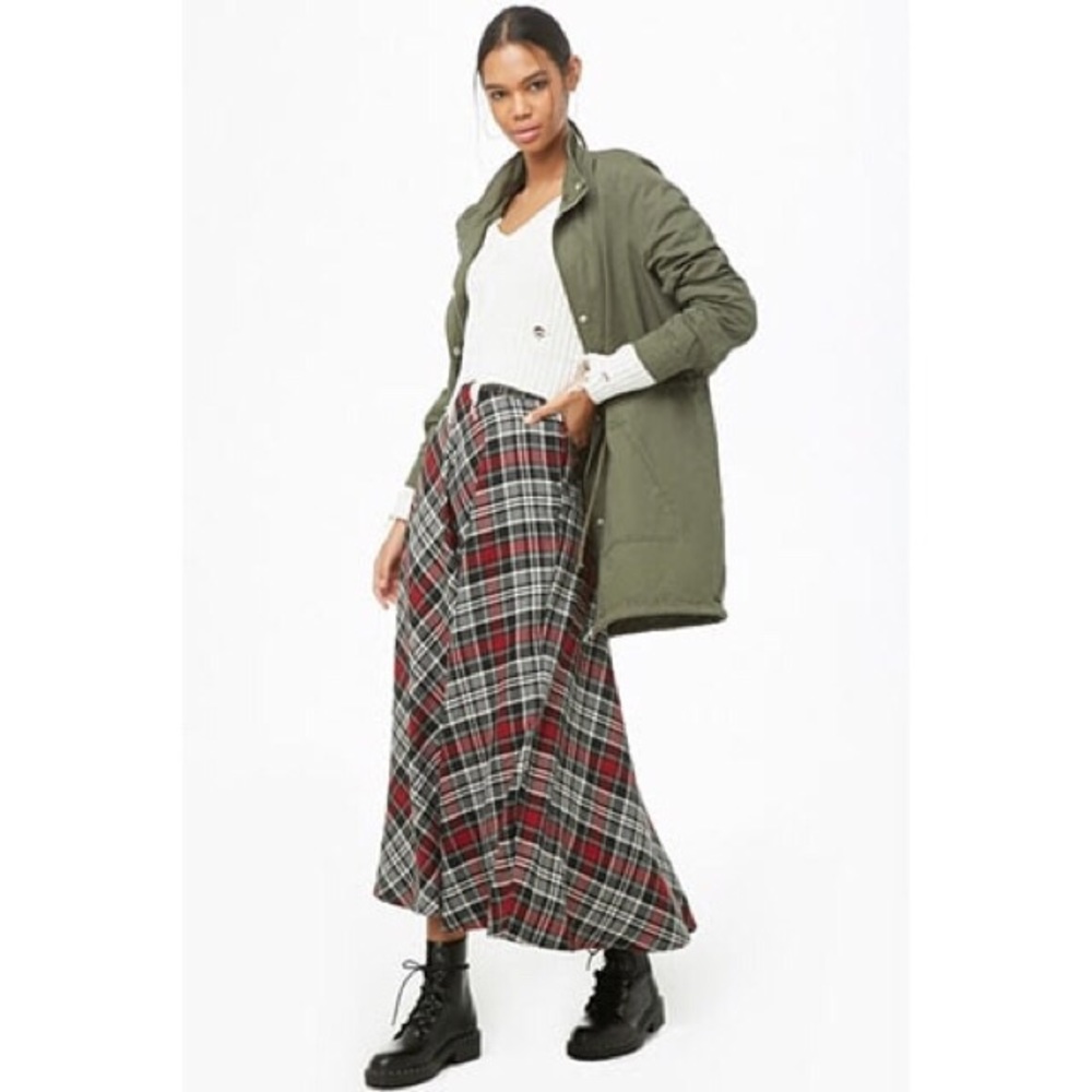 FOREVER 21 red black gray plaid skirt long